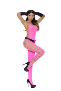 Deep V opaque bodystocking with cut out side detail and open crotch.