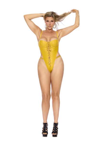 Leather teddy with lace up front, underwire cups, adjustable straps and string back. - Image 3