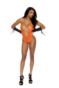 Deep V leather halter neck teddy with chain detail